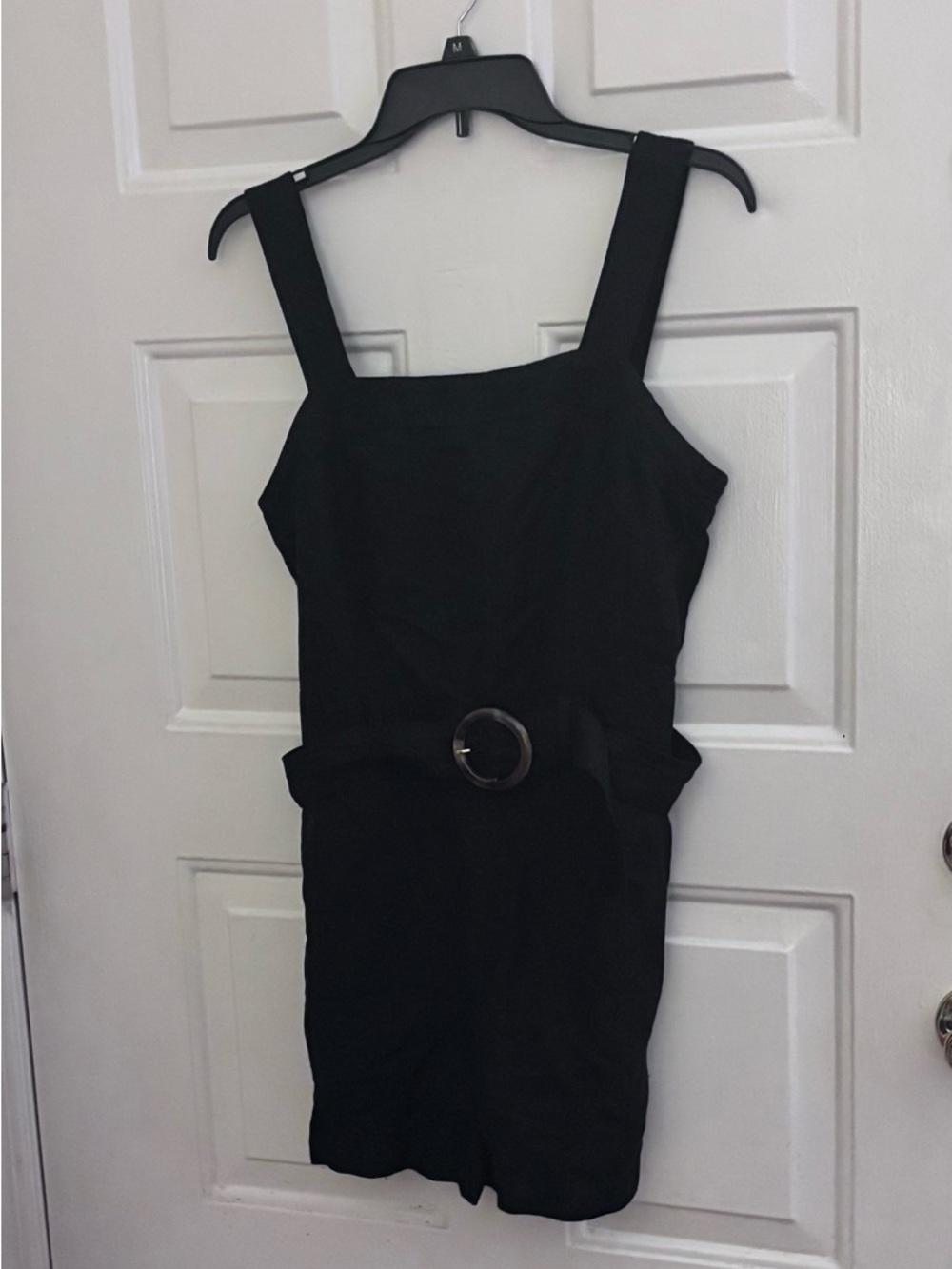 LOFT Black Square-Neck Belted Linen Blend Short Romper with Tortoiseshell Buckle - Picture 3 of 8